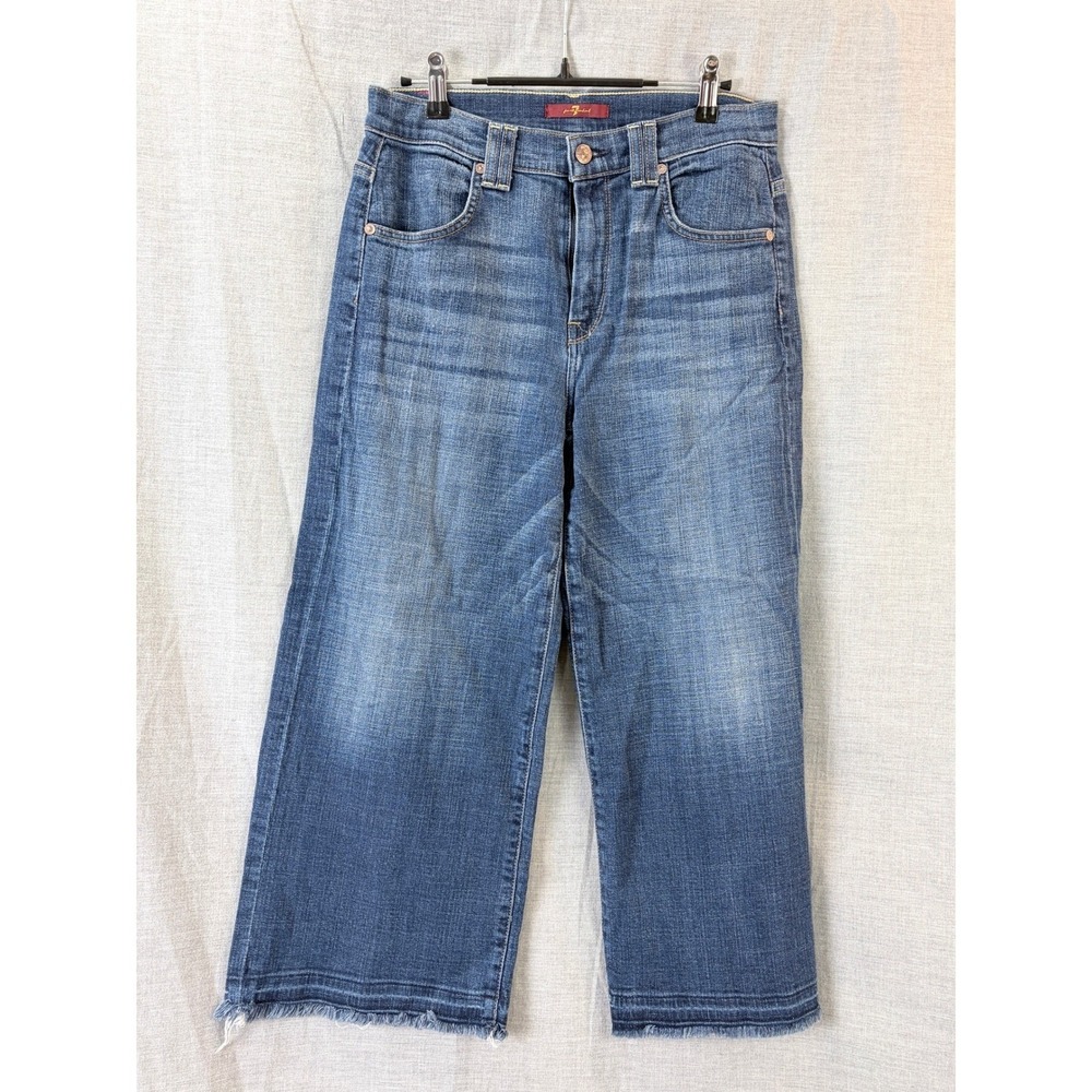 7 For All Mankind Cropped Wide Leg Jeans Women Blue Frayed‎ Hem 28